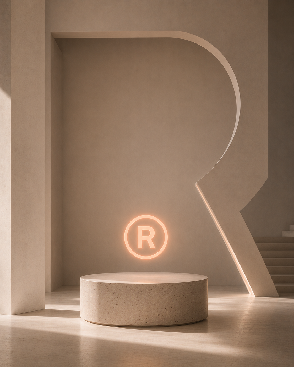 Estrutura coral inspirada no R em uma galeria, com duas placas iguais representando original e cópia.